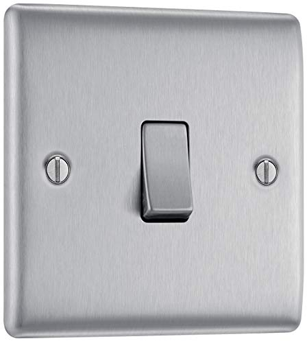 BG Electrical Single Wall Light Switch, 2 Way, Raised and Slim Profile, Round Edges, Nexus Metal, Brushed Steel, 20A, 16AX, NBS12