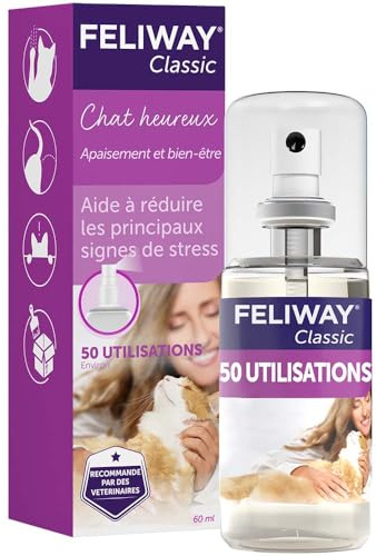 FELIWAY Classic Spray 60 ml – Feromonas calmantes para Gatos – Calma a los Gatos en casa y Reduce el estrés Durante el Transporte – Recomendado por los Veterinarios – Científicamente Probado