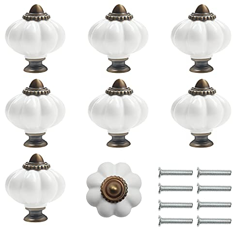 Kurtzy Keramik Griffe Möbel Weiß und Bronze Möbelknöpfe Vintage mit Schrauben (8er Pack) - 3,4 x 3,8cm - Runde Kommodenknöpfe Vintage für Möbel - Griffe für Küchenschränke, Schubladen & Schranktüren