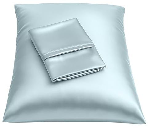 BLISSFORD Satin Pillowcase with Zipper, for Hair and Skin Care, Feels Soft and Cool Like a Silk Pillowcase, Satin Pillow Cases 2 Pack, Slik Pillow Cover, Baby Blue - King Size, Set of 2