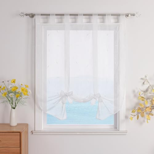 ESLIR Raffrollo mit Schlaufen Raffgardinen Gardinen Küche Bindegardine Transparent Schlaufenrollo Vorhänge mit Stickerei Modern Voile Weiß BxH 80x140cm 1 Stück