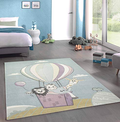 CARPETIA Kinderteppich Kinderzimmerteppich Babyteppich Jungen Heißluftballon Tiere blau Größe 80x150 cm