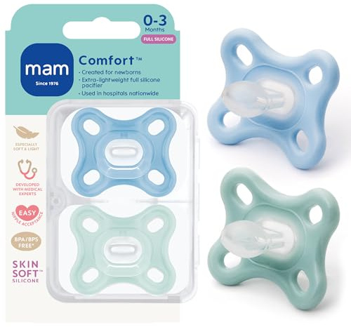 MAM Comfort Baby Schnuller, 100% leichtes Silikon, Sterilisator-Hülle, 0-3 Monate, 2 Stück