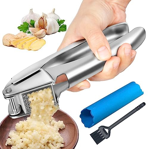 Garlic Press Crusher Stainless Steel Garlic Mincer Heavy Duty Ginger Masher Squeezer Manual,Garlic Smasher with Peeler and Cleaning Brush Set Dishwasher Safe Large No Peel Easy Clean Kitchen,Silver