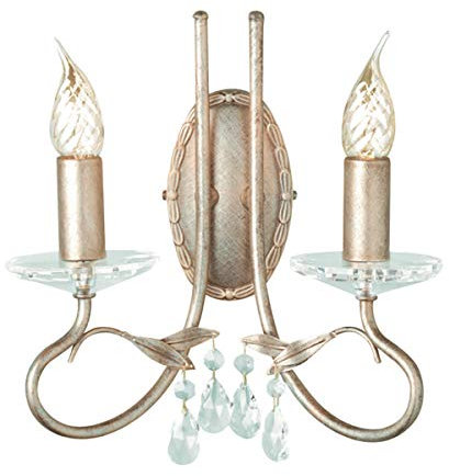 Twin Wall Light - Crystal Drops & Cut Glass Sconces - Delicate Metal Leaf Design - Silver/Gold - LED E14 60W Bulb