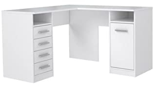 Forte NET 106 Eckschreibtisch 120 130, Schreibtisch mit 4 Schubladen und 1 Tür, weißer Schreibtisch, Jugendzimmer, Home Office, Büro, Holzwerkstoff, Weiß, 125 cm breit x 75 cm hoch x 125 cm tief
