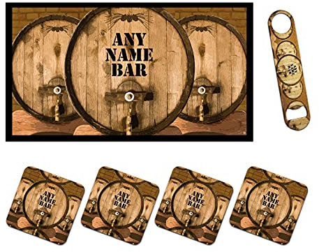 Personalised Bar Runner Mat, Matching Bottle Opener & 4 x Drinks Coasters Gift Set|Beer Gifts Home Bar Accessories for Pub Bars Man Cave Him Her|BRS-RA819|ADD ANY NAME/TEXT