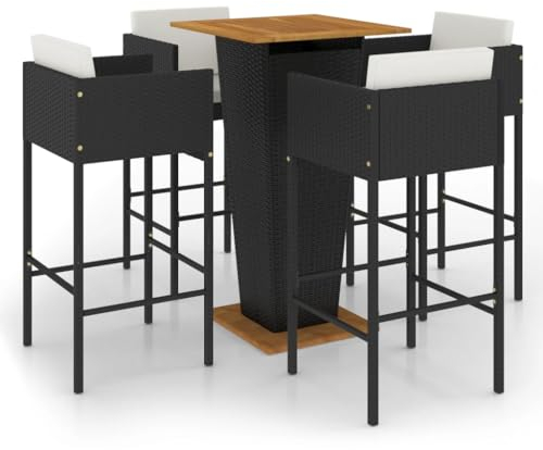 vidaXL Gartenbar Set 5-TLG. mit Kissen Theke Bar Tresen Gartentheke Bartisch Stehtisch Barhocker Barstuhl Gartenmöbel Poly Rattan Schwarz