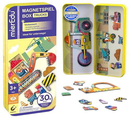 mierEdu Magnetspiel Box Trucks – Magnetische Bausteine & Magnetspiel für Kinder ab 3 Jahre, Lernspiel & Reisespiel – Fördert Motorik & Kreativität, Spielzeug für unterwegs