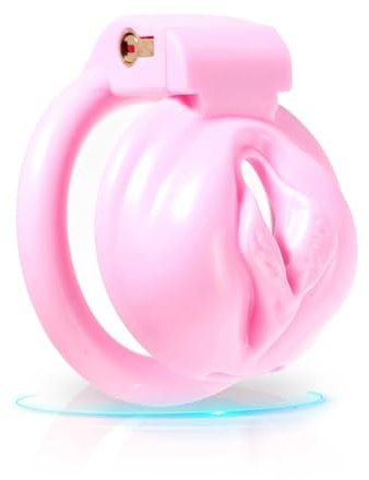 QgLust Pink Mock Damen Schamlippen Keuschheitskäfig Cock Cage Set mit 4 Cockringen Herren Peniskäfig BDSM Penis Bondage Pseudo Frau Keuschheitsgürtel Penis Flat Chastity Cage Männer Sexspielzeug(Groß)
