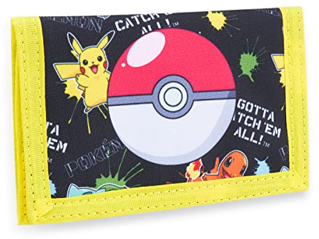 Pokémon Billetera Trifold para Niños con Compartimento - Cremallera para Monedas y Bolsillo Transparente para DNI (Negro/Amarillo)