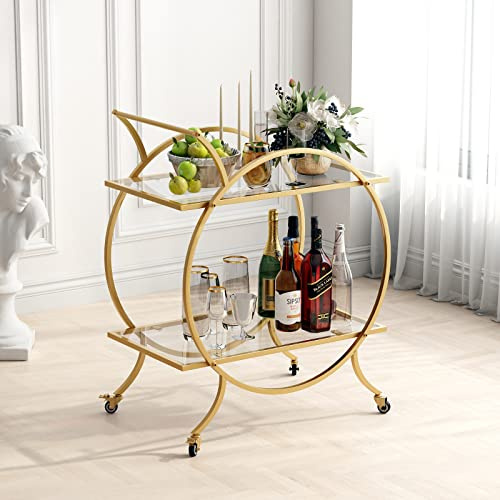 Lormiter Gold Bar Carts - Rolling Serving Cart with Lockable Wheels, Mirrored Glass Shelves, Wine Storage for Home Bar & Kitchen Parties