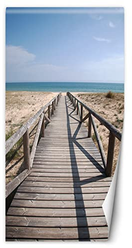 Feeby Türtapete selbstklebend Strand Fußgängerbrücke Meer 100x200 cm Türposter Türsticker Fototapete Wohnzimmer Schlafzimmer Kinderzimmer Büro Ozean Wolken Sand Beige
