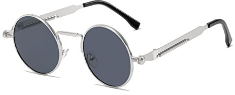 YAMEIZE Gafas de Sol Hombre Redondas-Steampunk Retro Vintage Protección UV400 Marco de Metal Gafas Sport Al aire libre Gris Plateado