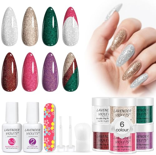 Lavender Violets 6 Farben Dip-Pulver-System Glitzerpulver Glitzer Pulver zum Streuen Maniküre Dipping Powder Nagelpuder 2 in 1 Basis & Top Coat Aktivator Nagelbürste Nagelfeile M218