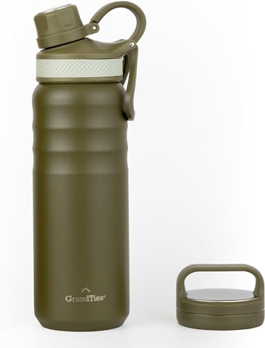 GRANDTIES 2 Lids Sports Stainless Steel Water Bottles – Wide Mouth Vacuum Insulated Reusable Leak Proof BPA-Free Travel Metal Canteen, Thermal Bottles for Men Women Gym (Olive Green 24 oz)