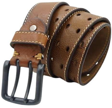 NALANY Gesteppter Ledergürtel Aus Vollrindleder Mit Doppeldorn Jeansgürtel, Ca. 4cm Mode, Hosengürtel, Doppelsteg-Schnalle, Mit Weißer Naht(120cm/waist:41, Brown)