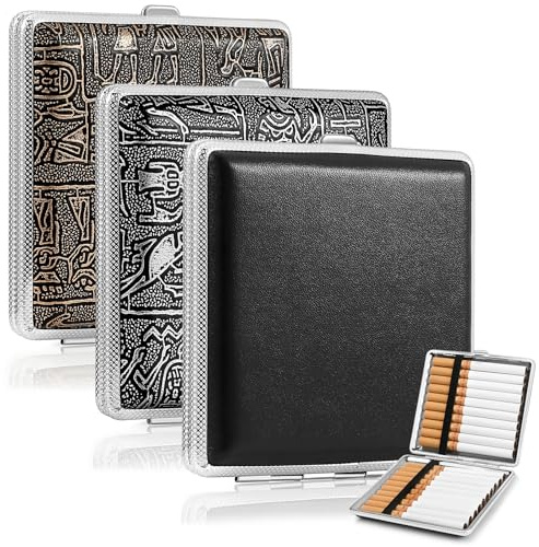 Royouzi 3 Stück Zigarettenetui aus Leder und Metall, PU Zigarettenschachtel für 20 Zigaretten, Edelstahl Zigarettencase Zigarettenbox 10 * 10 * 2 cm für Hosentaschen und Hemdtaschen
