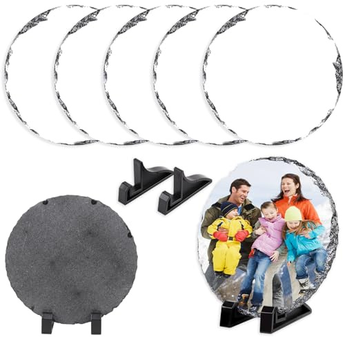 5 Pack Sublimation Slate Blanks Custom Stone Slate Picture Frame Heat Transfer Rock Photo Plaque 5.91x5.91 Inch Round with Display Stand Decoration for Desktop Souvenir DIY Personalized Gift