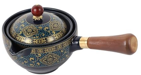 VINTORKY Ceramic Teapot Side Handle 9x9x5cm Blue Retro Handheld Kettle for Home Office Travel Gift and Restaurant Use