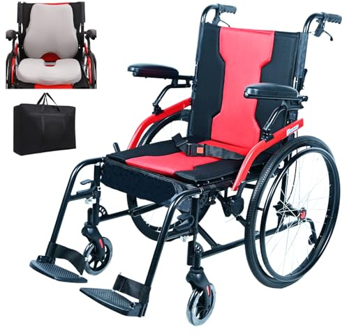 Pnomsp 14lb Magnesium Ultra Lightweight Wheelchair 20 inch seat with 3D Cushion Flip Back Arms,Portable Wheelchair with Travel Bag,Travel Wheelchairs for Adults,250Ib Weight Capacity, Black