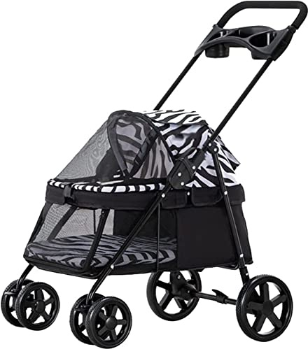 Hundebuggy für Katzen mit Getränkehalter, atmungsaktiv, Hunde-Haustierausrüstung, Hundebuggys für kleine Hunde, Premium-Hundebuggy mit Regenschutz (Zebramuster) (Zebramuster)