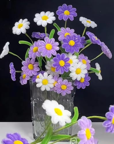 YOOTOM Lila Daisy Gänseblümchen Blumenstrauß Pfeifenreiniger Blumenset Pipe Cleaners Flower Kits mit 310 Stück Pfeifenreiniger Chenilledraht,30 Grün Basteldraht,Klebeband,3 Klebestift