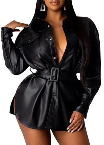 Sexyshine Women's Faux Leather Blouse Shirt Jacket Shacket Button Long Sleeve Lapel PU Leather Tunic Dress Moto Biker Shirt(31227BL,S) Black