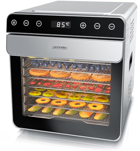 Arendo - Dörrautomat Edelstahl mit 8 Edelstahlgitter - 700 W - 35°-85°C - 8 Edelstahl Einlegetabletts mit insgesamt 6700 cm² - Dörrgerät Dehydrator Obsttrockner Dörrapparat - Obst Fleisch Pilze uvm