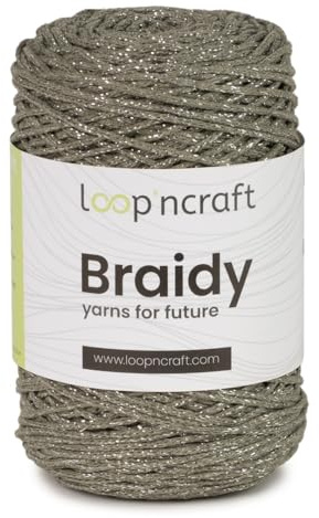 Cordino morbido per borse ad uncinetto in cotone riciclato, cordoncino 2 mm, 250gr al gomitolo, 250 metri, per borse ad uncinetto, progetti creativi e hobby (Cachi e Lurex Argento)