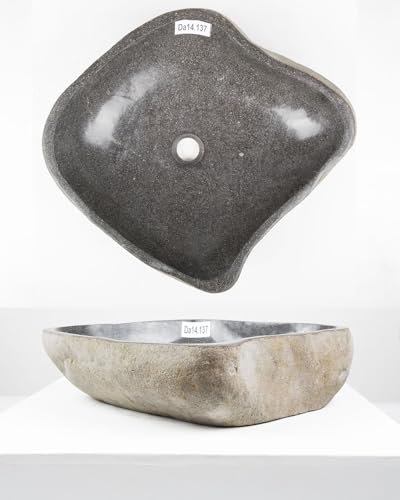 60 cm Naturstein-Waschbecken grau innen poliert Flussstein-Aufsatzwaschbecken WC Naturstein-Waschschale Hand-Waschbecken WOHNFREUDEN
