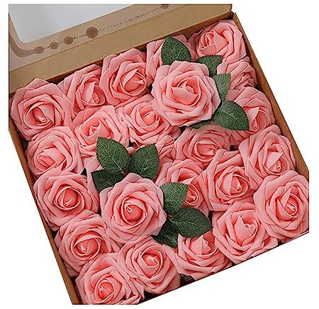 Blausky 1 Schachtel 25 Stück Künstliche Blumen Rosen,Fake Rosen mit Stielen,Deko Blumen Künstliche Blumenköpfe,Schaumrosen Foamrosen Kunstblumen,für Hochzeit Blumensträuße Zuhause Dekoration,Rosa B