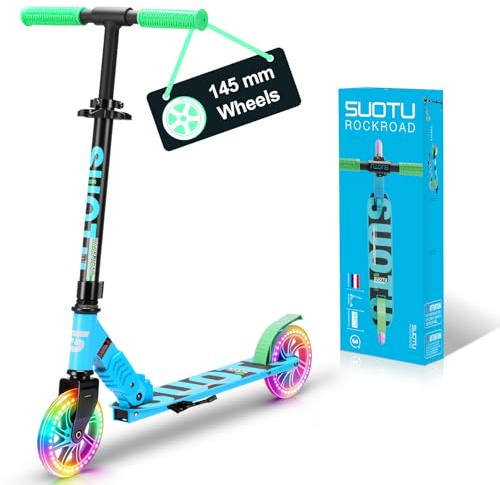 SUOTU Trottinette pour Enfants avec Roue Lumineuse de 145 mm, Charge Max: 100 kg, Pliable, Hauteur Réglable, Scooter pour Garçons et Filles de 3 à 12 Ans, Aluminium (Bleu-Vert)