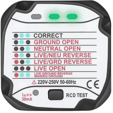 Earth Potential Socket Tester for a Schuko European Power Socket – Checks Live, Neutral and Earth Connections and Polarity with Automatic Status Display – Includes an RCD Breaker Tester