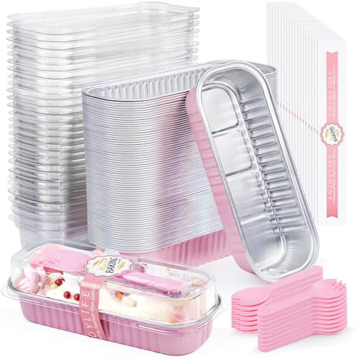 ZOXILEN Aluminum Mini Loaf Pans with Lids, Disposable 6.8oz Mini Cake Pans with Lids, Foil Muffin Baking Tins Cake Containers Baking Cups for Wedding Valentines Birthday Party (Pink 60pc)