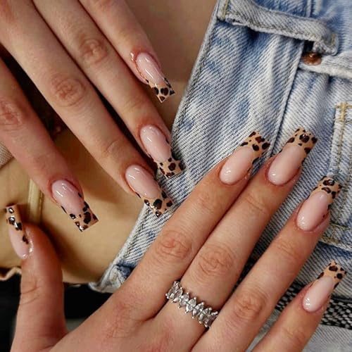 CHIZISX Unghie finte, 24 unghie lunghe con stampa leopardata, unghie finte autunnali, unghie finte adesive per donna
