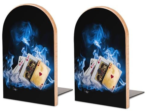 Stück Buchstützen aus Holz, Buchstützen mit Pokerkarten-Flammen für Regale, rutschfeste Buchstützen für Büro, Zuhause und Küche, Buchstützen zum Aufbewahren von Büchern, 12,7 x 7,6 cm