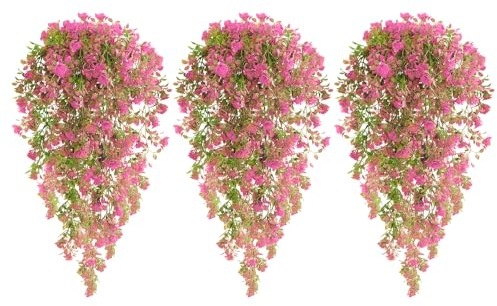 RECUTMS Artificial Rose Hanging Plants 3 Pcs-29.5 In UV Resistant Fake Pink Flower Swag Faux Floral Ivy Greenery for Wedding Valentine's Day Indoor Outdoor Porch Home Garden Balcony Spring(Pink)
