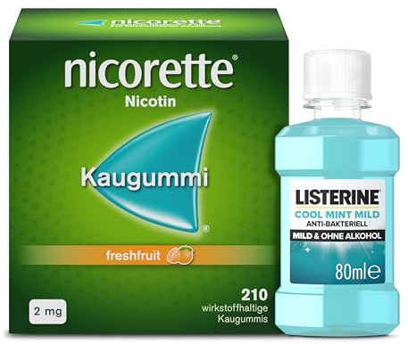 NICORETTE Kaugummi 2mg freshfruit – 210 St. + Listerine Cool Mint mild 80ml | nicorette® Kaugummi lindert Entzugssymptome wie Rauchverlangen, innere Unruhe und gesteigerten Appetit