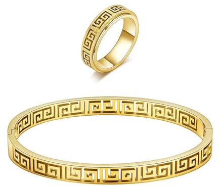 Bcenoilua Schmuck Set für Damen 18K Vergoldet Ringe und Armband mit Griechisch Edelstahl Schmucksets für Geschenke Valentinstag Muttertagsgeschenke Geburtstags