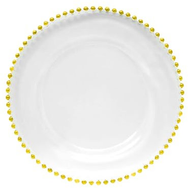 Stylish Clear Glass Charger Plate with a Gold Beaded Border—33cm Decorative Tableware Perfect for Weddings, Birthday Parties, Catering Events, Bridal Showers, and Bachelorette Celebrations – 1 Pc