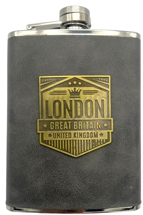 Flasque souvenir de Londres en acier inoxydable - 236,8 g - Couverture en cuir gris et emblème de la Grande-Bretagne en métal - Angleterre Collictable