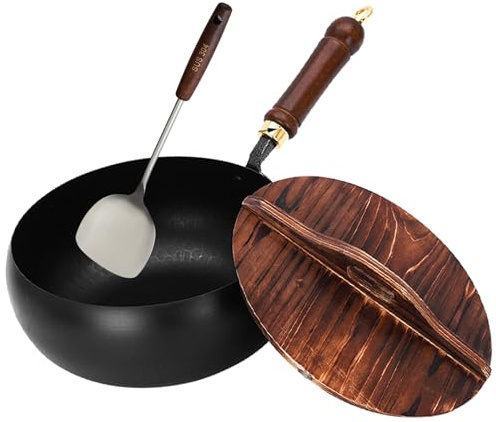 Sartén de hierro japonesa, antiadherente, sin revestimiento, para cocinar, woks y sartenes para saltear, antiadherentes, forjado a mano, duradero, sin óxido, con tapa de madera (olla con patrón de