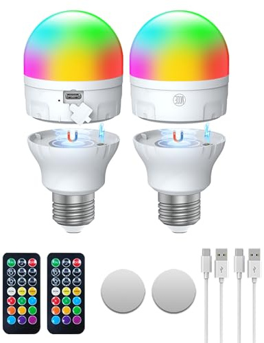 Bombilla Recargable USB-C Con Mando a Distancia, Bombillas LED AC100-240V E27 7W,Bombilla Recargable De Control Táctil Regulable RGBCCT Con Temporizador y Batería, Luz de Emergencia 2000mAh, Lot de 2
