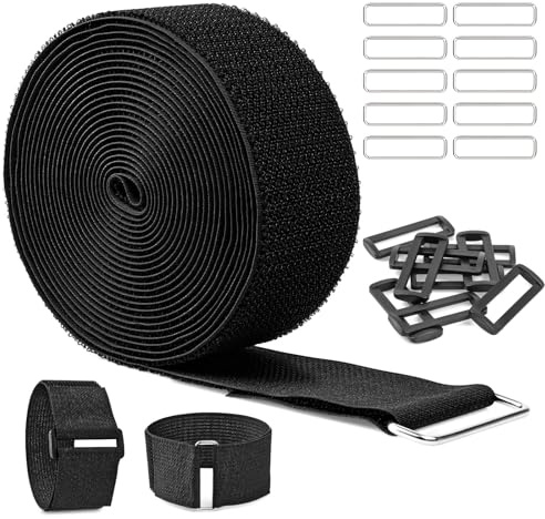 Sujeta Cables 5m x 5cm con 20 Hebillas, Reutilizables Bridas para Cables Negro Nylon, Ajustables con Gancho y Bucle, Cable Ties para Oficina, Hogar, Jardín y Más
