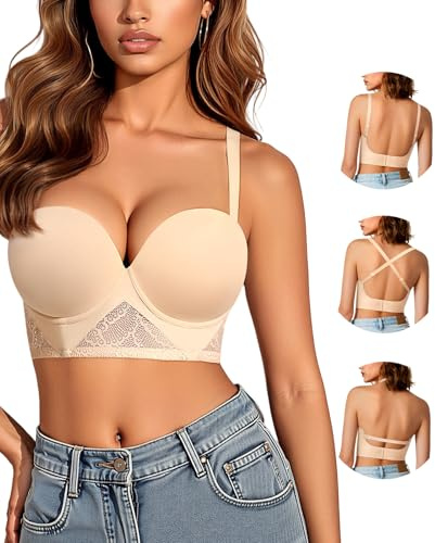 Upushall Backless Bra Halter Low Back Bras for Women Underwire Padded Support Bra with Convertible Straps Beige, 38F