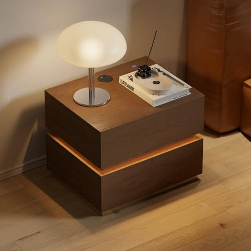 Homary Table de Chevet avec LED et Recharge sans Fil, Lumio Table de Nuit Connectée à 2 Tiroirs, Tables de Chevet pour Adulte Moderne avec Ports USB, Noyer
