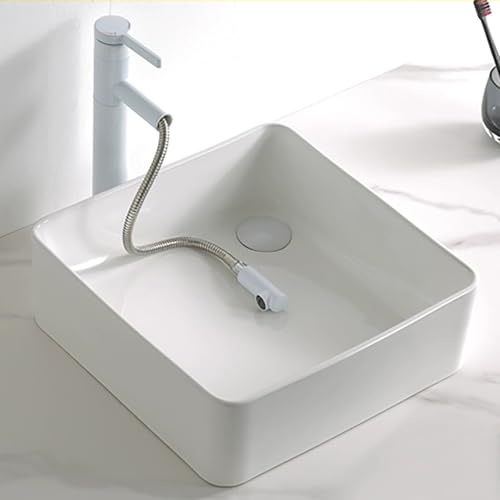 Lavabo Salle de Bain Rectangulaire 37 x 37 cm, Meuble-Lavabo Moderne en Céramique Blanche, Evier Buanderie Rectangulaire avec Trop-Plein
