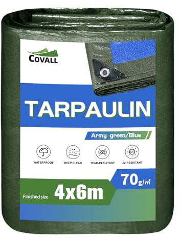 COVALL waterproof tarpaulin 4mx6m, 70g/m² UV resistant outdoor sunshade tarp, ripstop green fabric large tarpaulins sheet,house rain cover,camping tent with eyelets,motorcycle,boat,wood pool cover