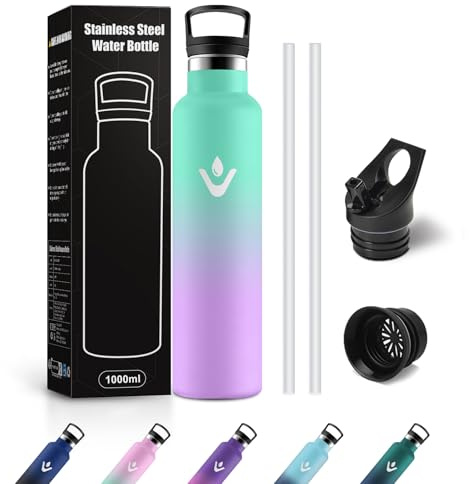 JAPORIA Botella Acero Inoxidable 1L, Cantimplora Termica con Pajita, sin BPA, Termo para Deporte, Bicicleta, Viajes